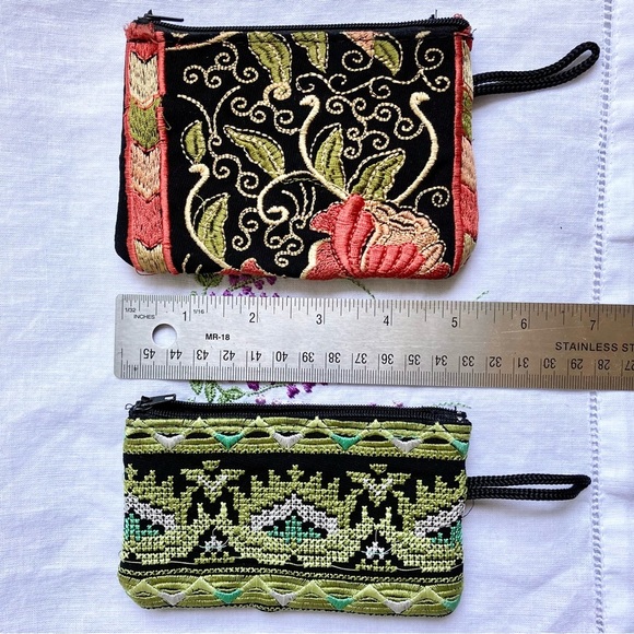 2 boho embroidered ethnic Asian zippered pouches mini bags coin purse wallet NEW - Picture 3 of 5